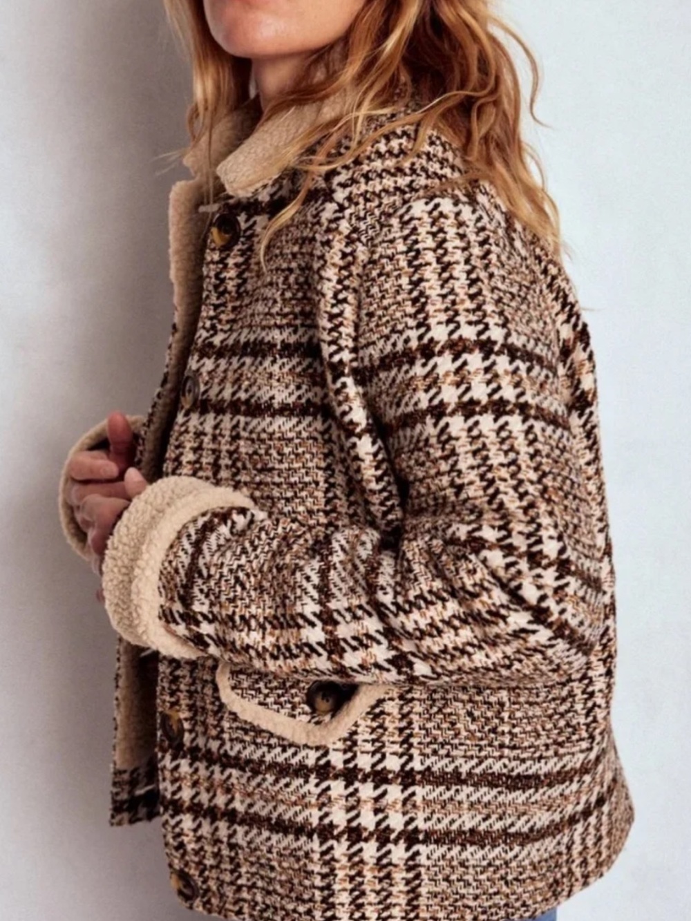Boden sterling check coat -Beige & Brown Tweed Sherpa-Trim Jacket